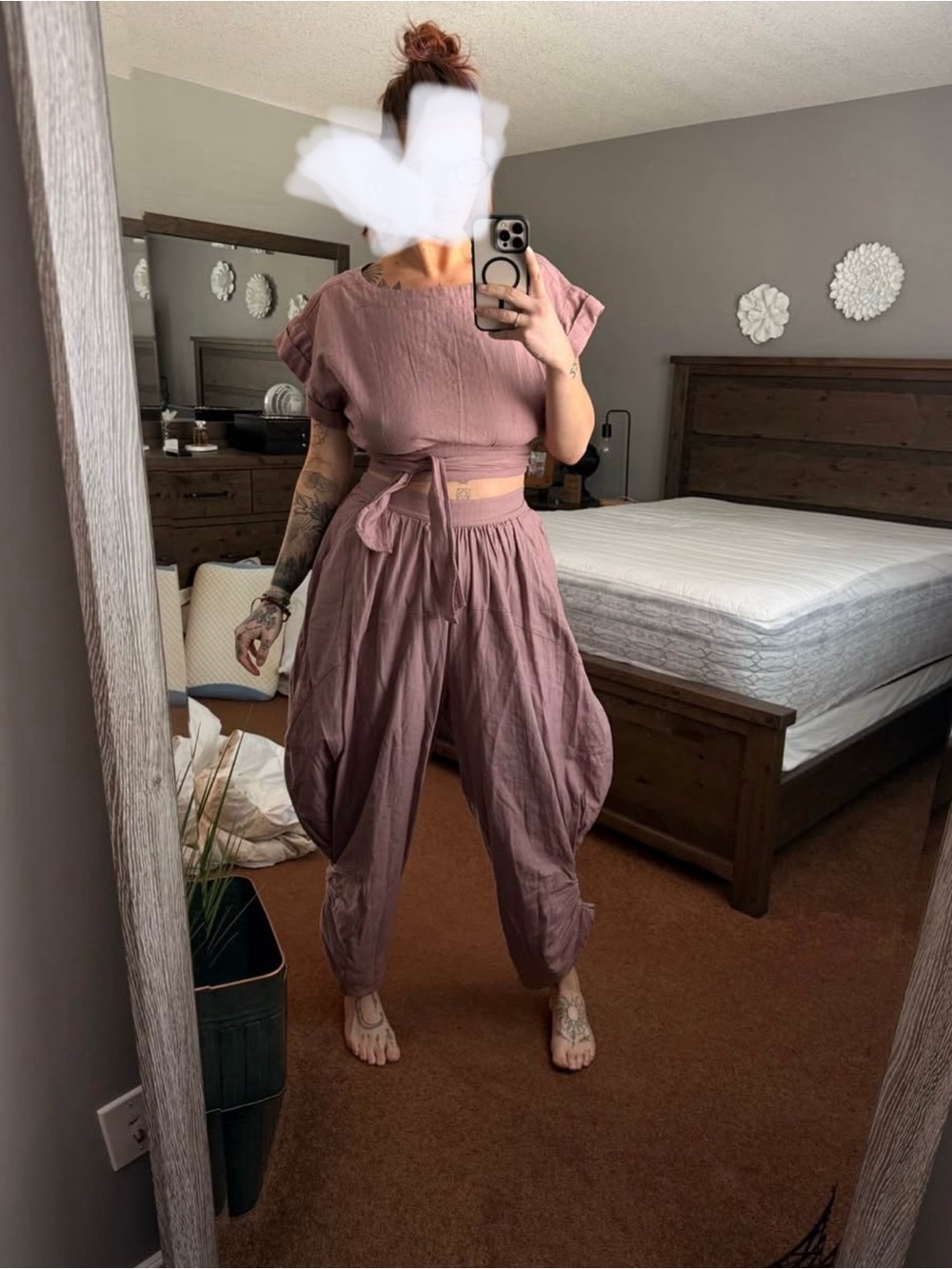 Free People Mauve Cropped harem pant set with open back